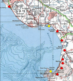 A red polygon indicates an extant occurrence; yellow indicates the occurrence has been extirpated. 